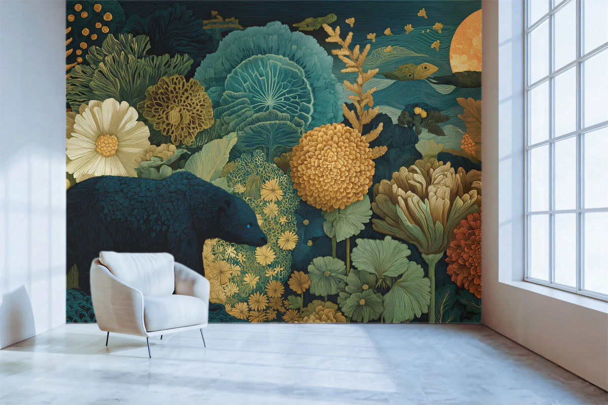 Midnight Bear and Floral Meadow Mural Wallpaper - pure wallpaper artwork