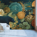 Midnight Bear and Floral Meadow Mural Wallpaper - pure wallpaper artwork
