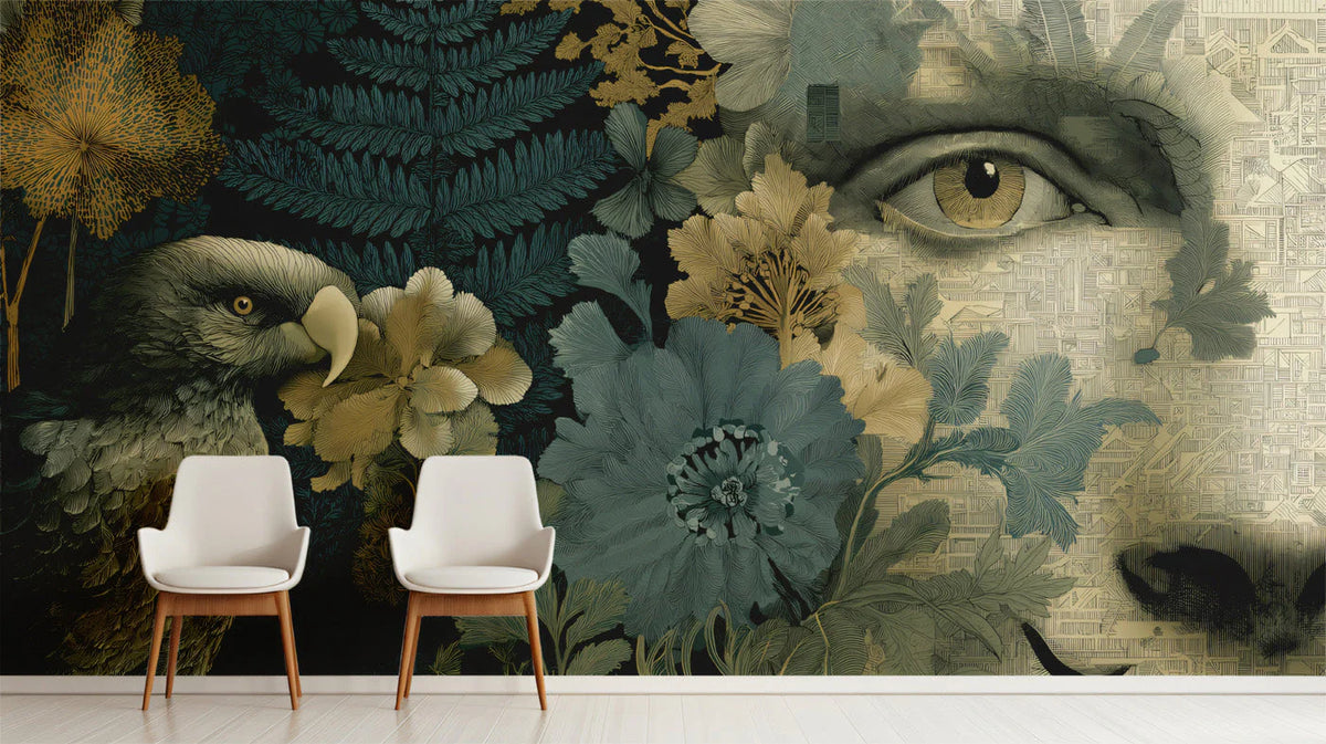 Gaze and Flora Mural Wallpaper — Surrealist Botanical Art Mural Wallpaper - pure wallpaper artwork