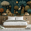 Stork and Ancient Architecture Mural Wallpaper — Nocturnal Garden Mural Wallpaper - pure wallpaper artwork
