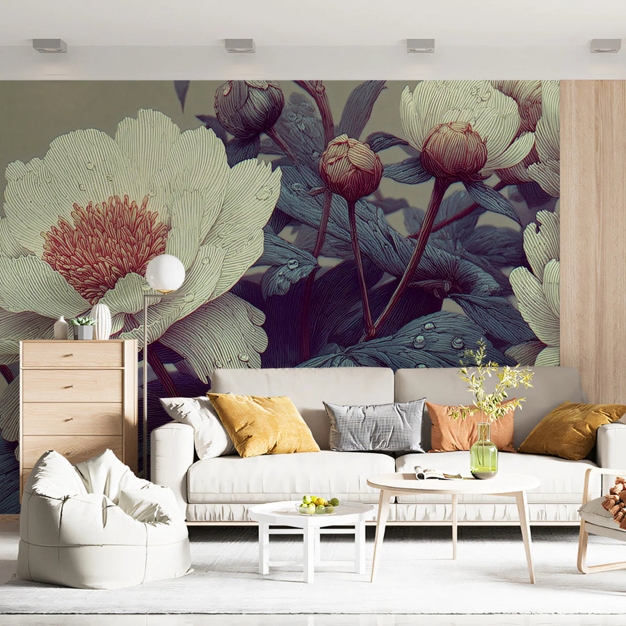 Engraved Peony Blossom Mural Wallpaper — Vintage Botanical Art Mural Wallpaper
