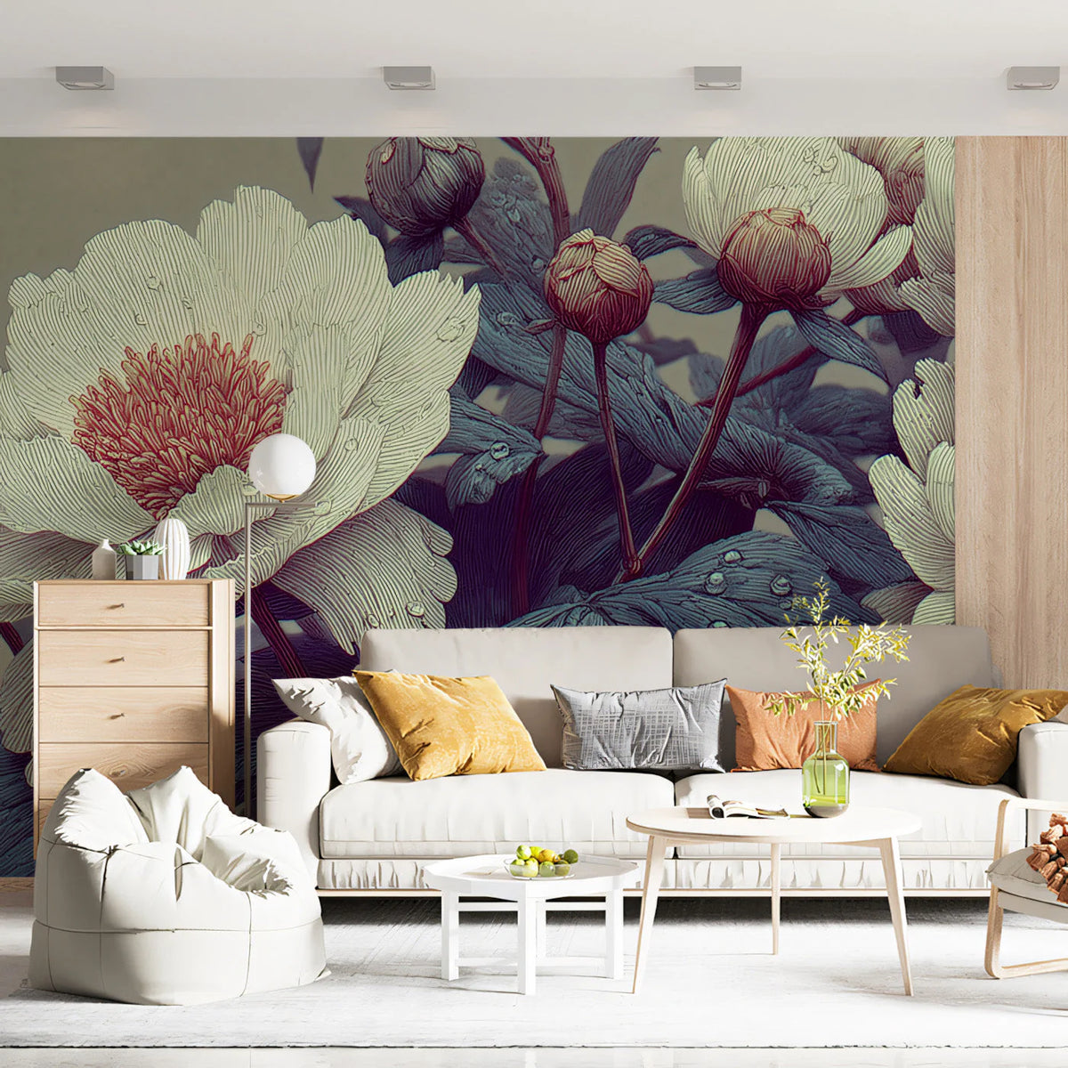 Engraved Peony Blossom Mural Wallpaper — Vintage Botanical Art Mural Wallpaper - pure wallpaper artwork