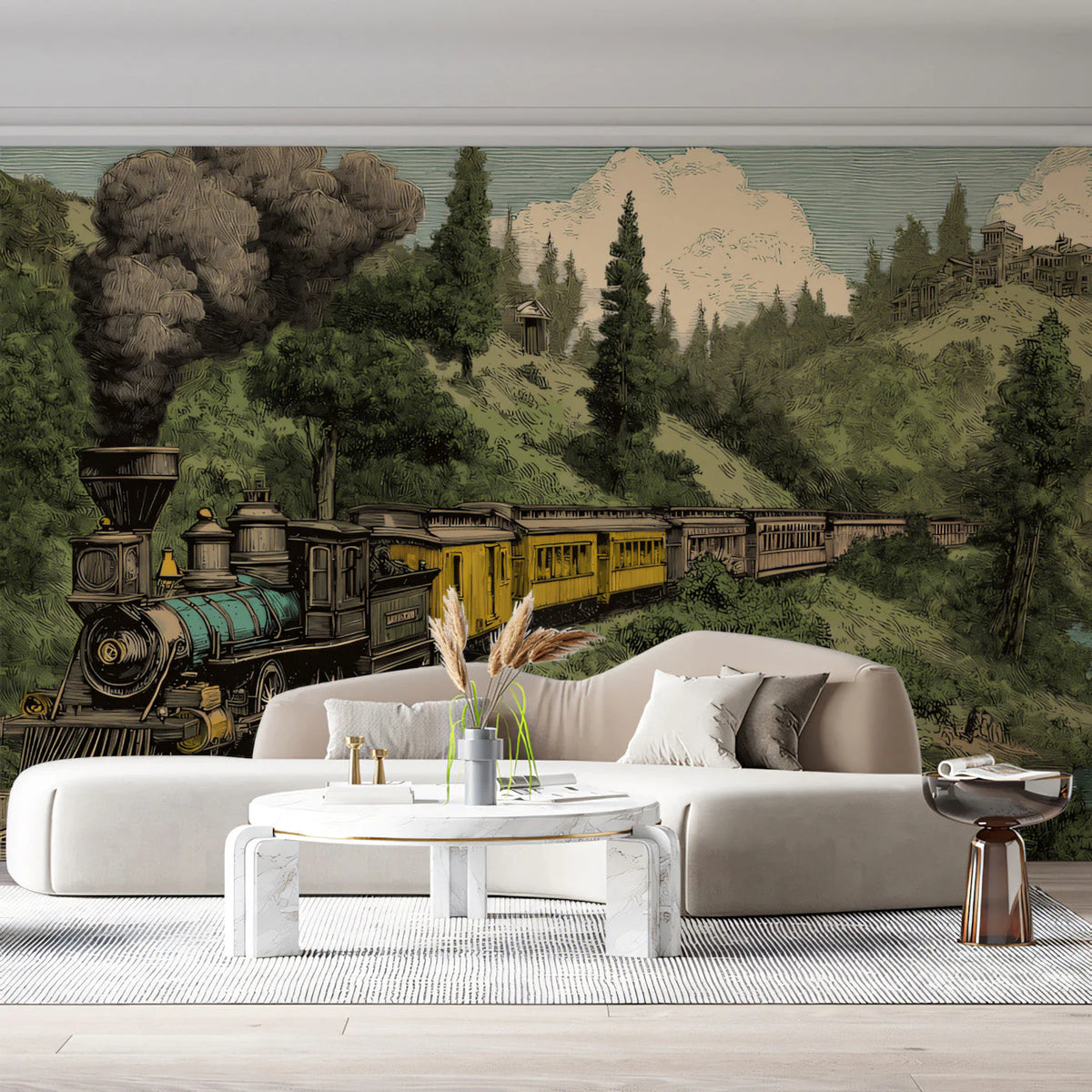 Vintage Steam Train Mountain Landscape Mural Wallpaper - pure wallpaper artwork