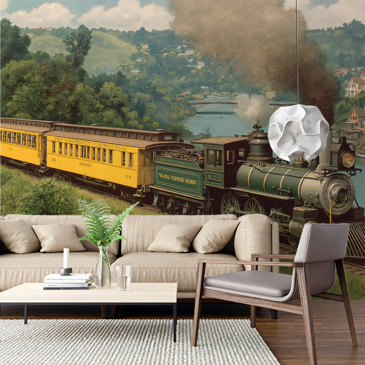 Vintage Steam Locomotive Scenic Mural Wallpaper —Classic Rail Art Mural Wallpaper - pure wallpaper artwork