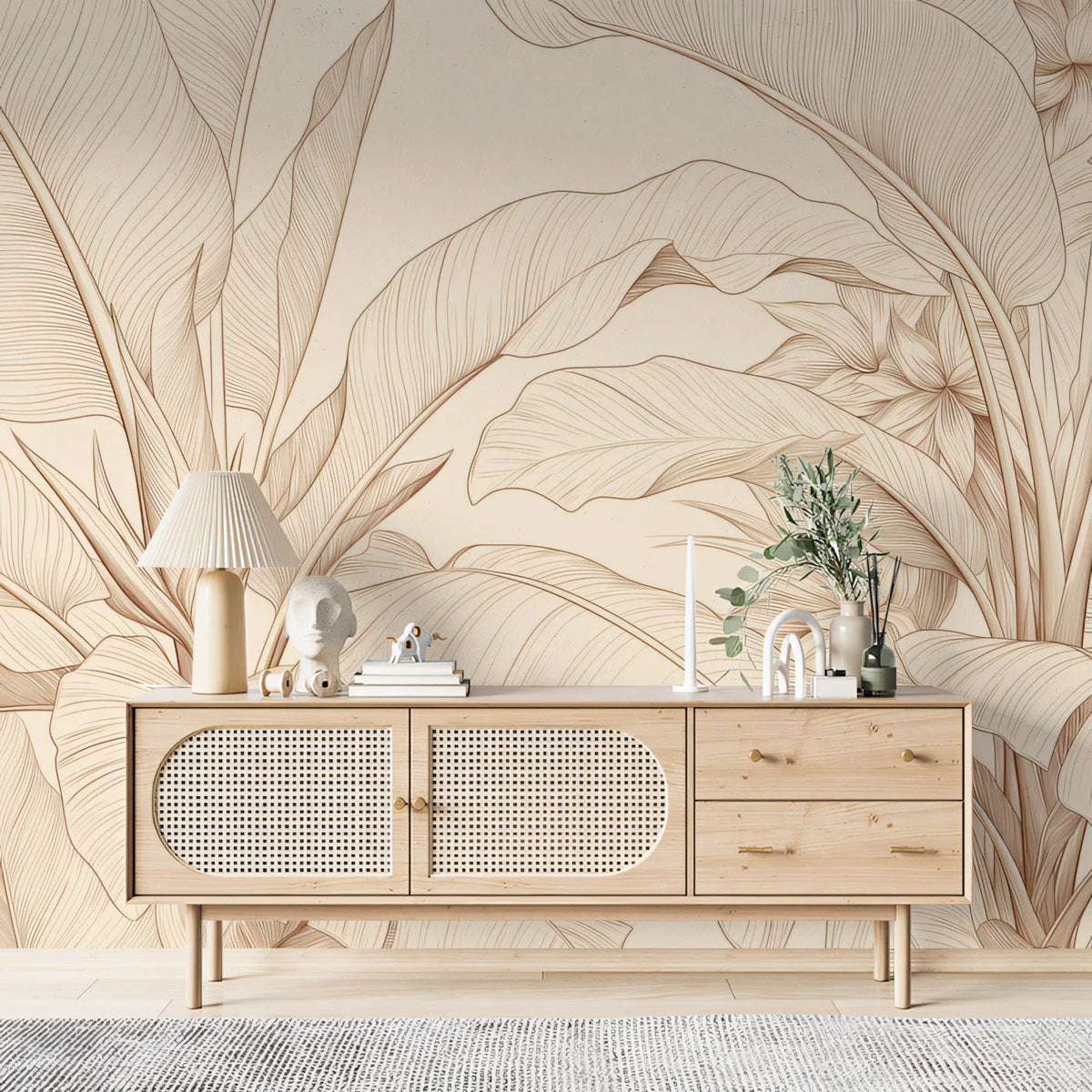 Botanical Sketch Mural Wallpaper in Warm Cream and Sepia Mural Wallpaper - pure wallpaper artwork