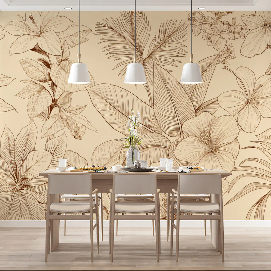 Monochrome Botanical Line Art Mural Wallpaper — Beige & Copper Mural Wallpaper