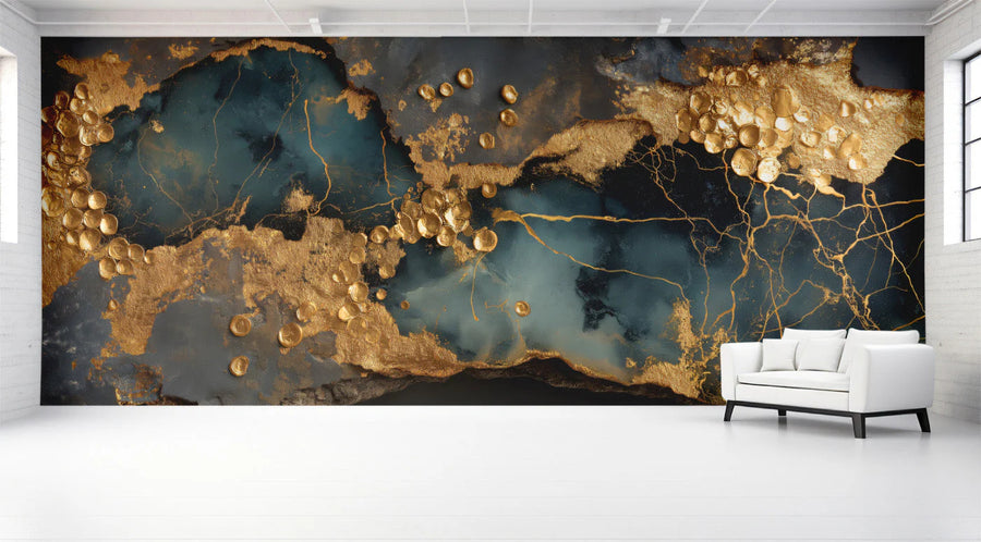 Gilded Slate Abstract Mural Wallpaper with Textured Gold Accents Mural Wallpaper