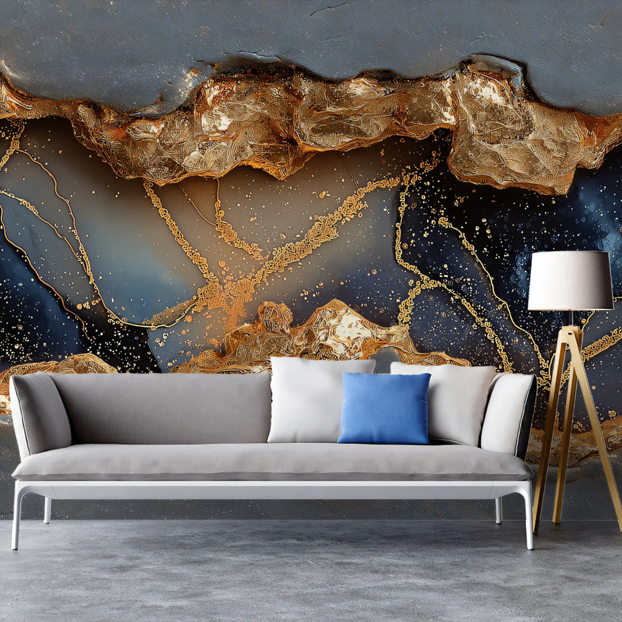 Gilded Geode Fissure Mural Wallpaper in Charcoal and Gold Mural Wallpaper