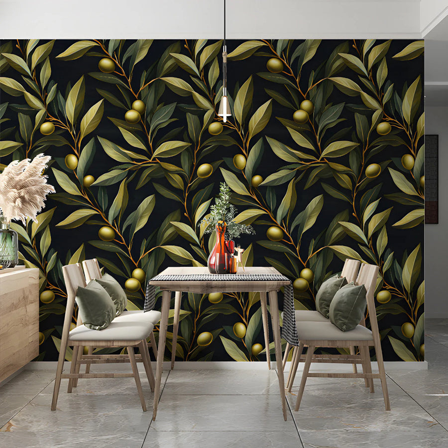 Olive Branch Botanical Mural Wallpaper — Moody Mediterranean Design Mural Wallpaper