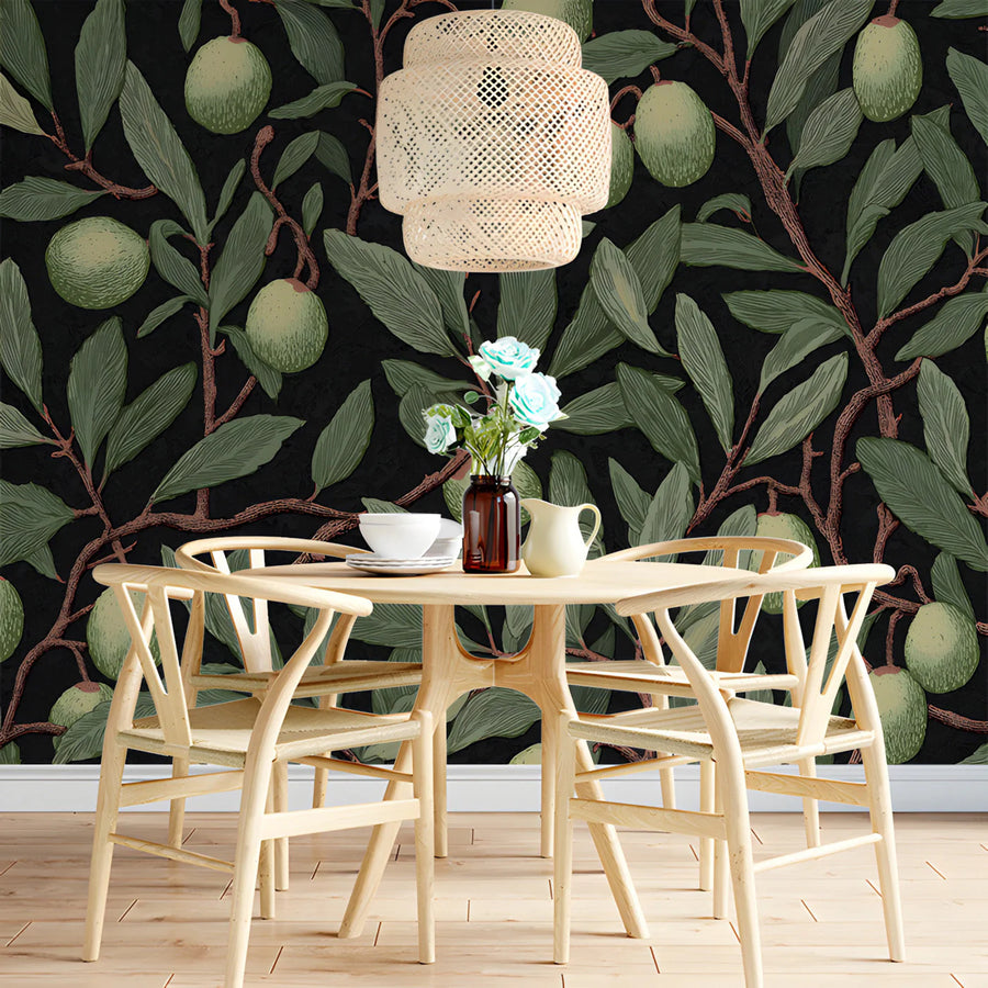 Olive Branch Botanical Mural Wallpaper — Midnight Orchard Design Mural Wallpaper