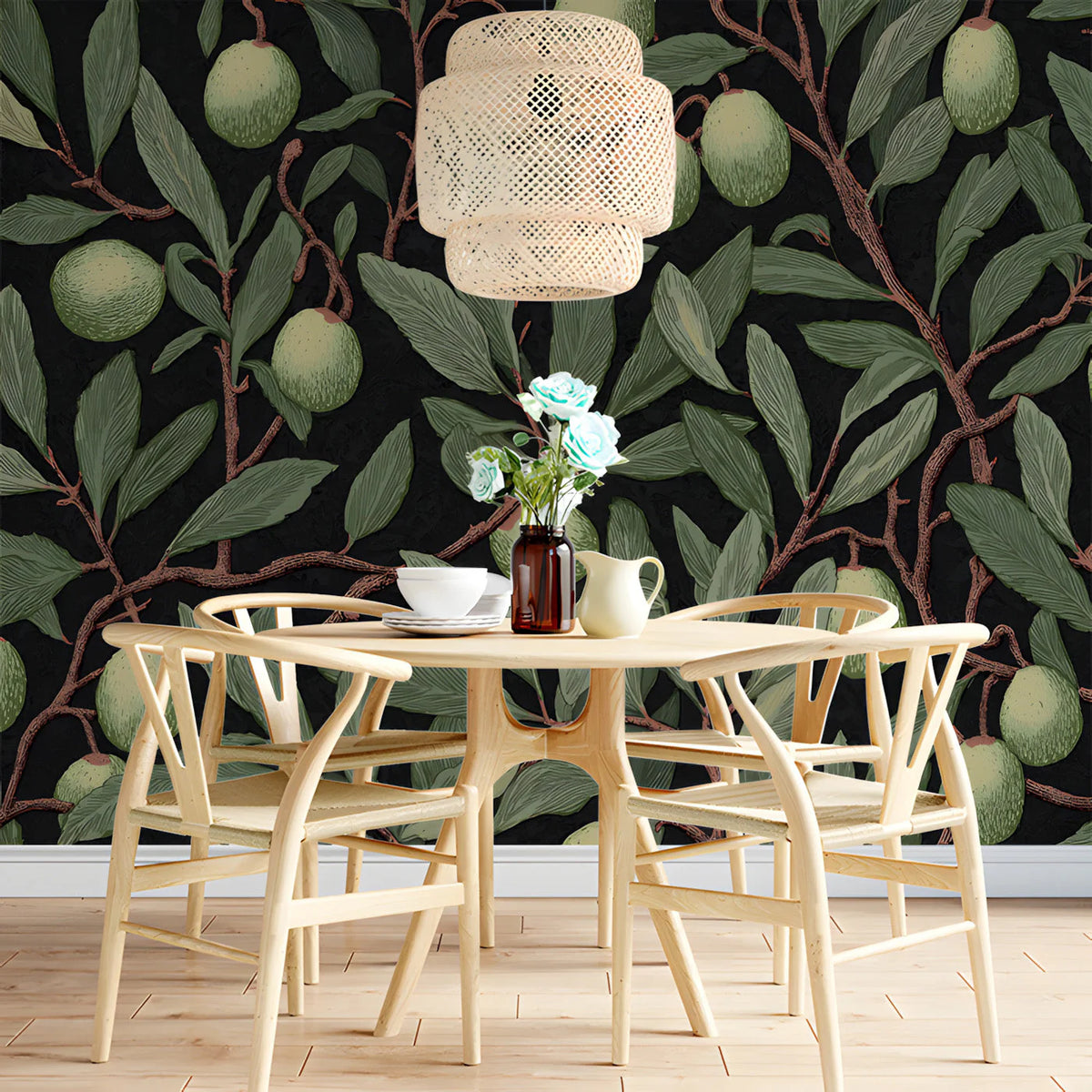 Olive Branch Botanical Mural Wallpaper — Midnight Orchard Design Mural Wallpaper - pure wallpaper artwork