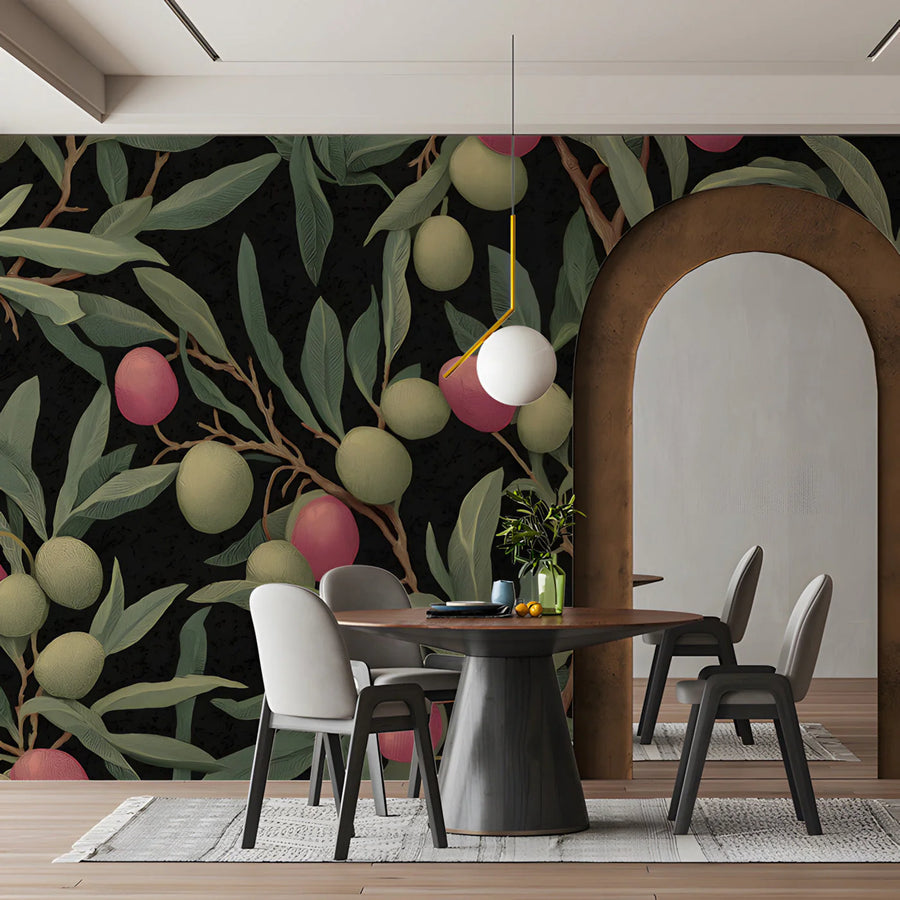 Olive Grove Botanical Mural Wallpaper in Dark Moody Tones Mural Wallpaper