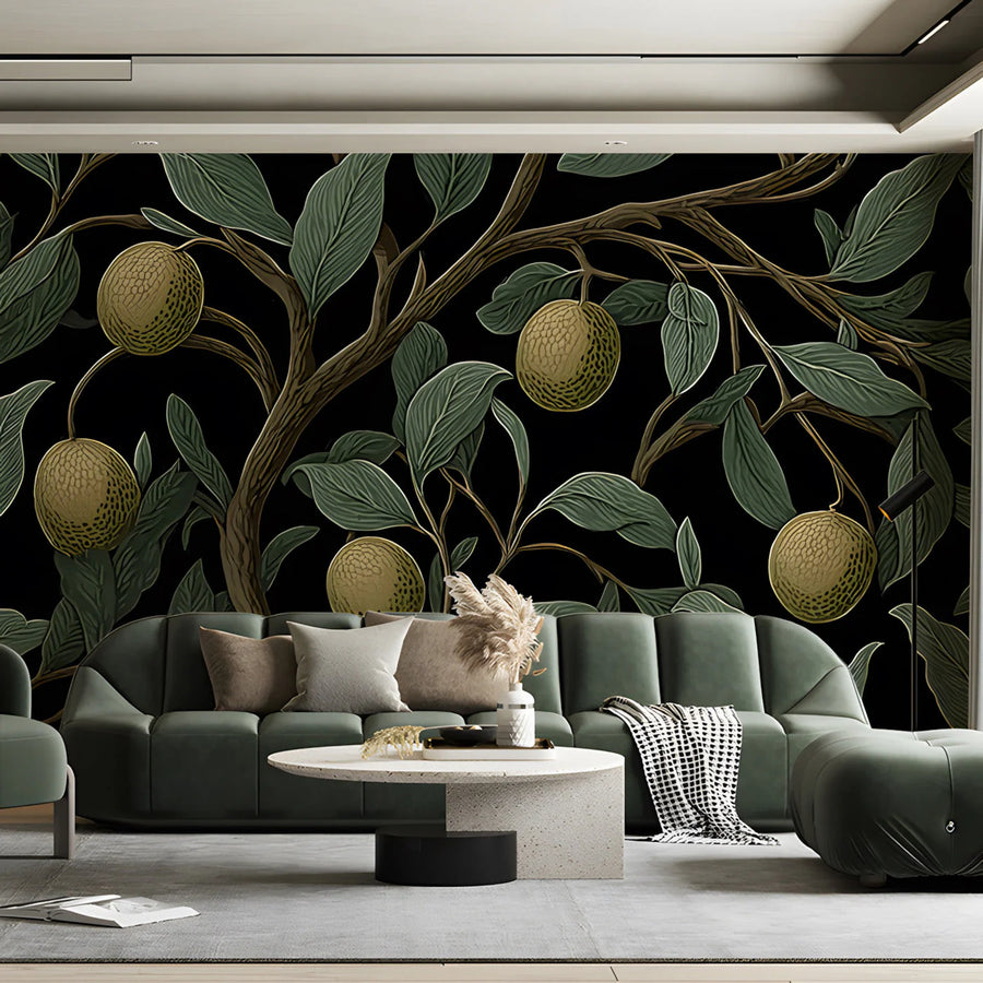Vintage Citrus Orchard Mural Wallpaper in Sage and Black Mural Wallpaper
