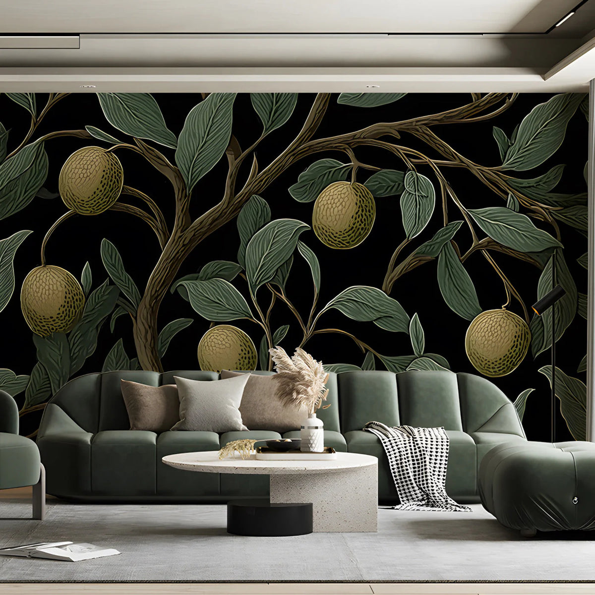 Vintage Citrus Orchard Mural Wallpaper in Sage and Black Mural Wallpaper - pure wallpaper artwork