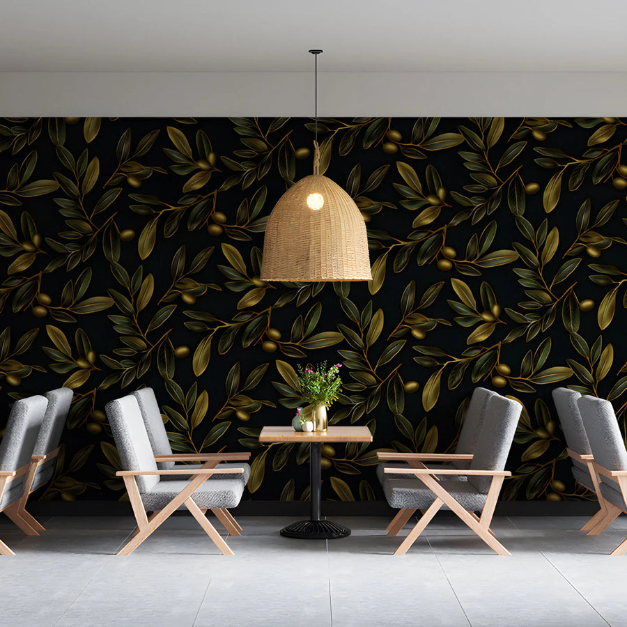 Gilded Olive Branch Mural Wallpaper in Deep Charcoal Mural Wallpaper