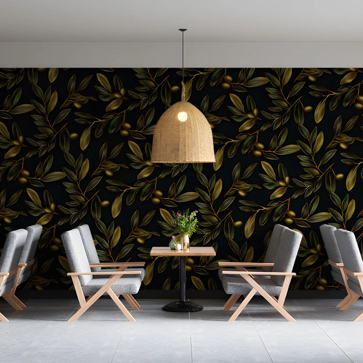 Gilded Olive Branch Mural Wallpaper in Deep Charcoal Mural Wallpaper - pure wallpaper artwork