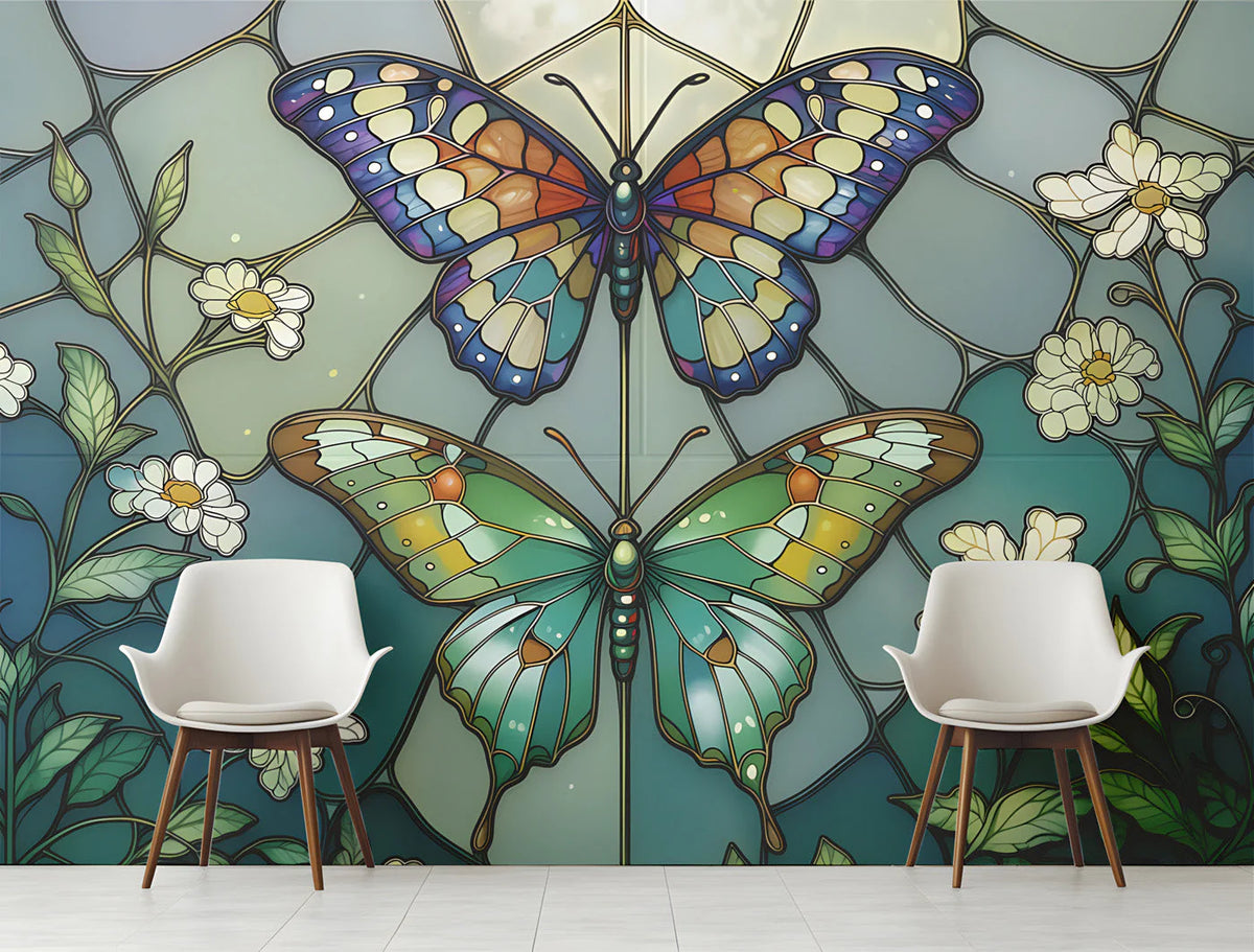 Stained Glass Butterfly Mural Wallpaper — Artistic Floral Decor Mural Wallpaper - pure wallpaper artwork