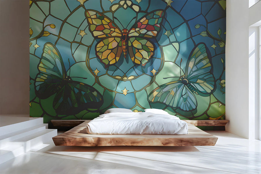Stained Glass Butterfly Mural Wallpaper — Artistic Floral Decor Mural Wallpaper