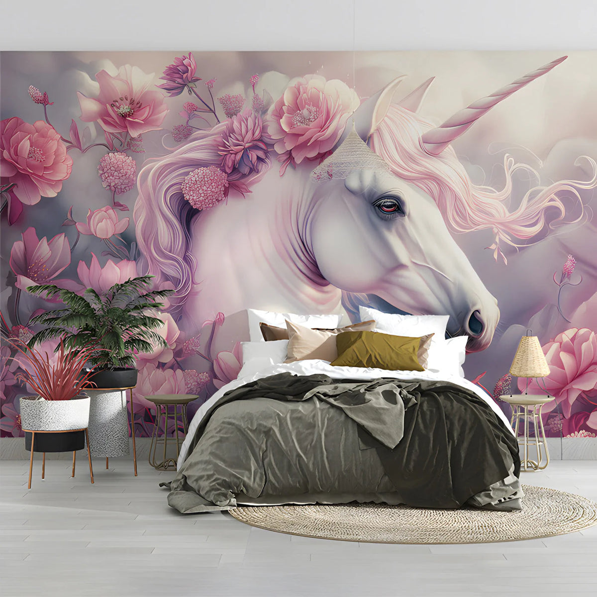 Unicorn Floral Fantasy Mural Wallpaper — Dreamy Pastel Wall Art Mural Wallpaper - pure wallpaper artwork