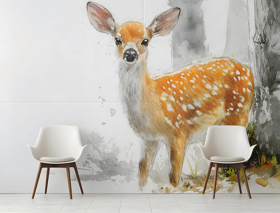 Fawn in the Woodland Mural Wallpaper — Artistic Deer Illustration Mural Wallpaper