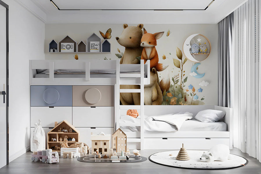 Forest Friends Watercolor Mural Wallpaper — Whimsical Kids Decor Mural Wallpaper