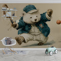 Vintage Tennis Bear Mural Wallpaper in Ink Sketch Style Mural Wallpaper - pure wallpaper artwork