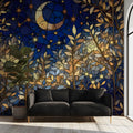 Stained Glass Night Forest Mural Wallpaper with Golden Moon Mural Wallpaper - pure wallpaper artwork