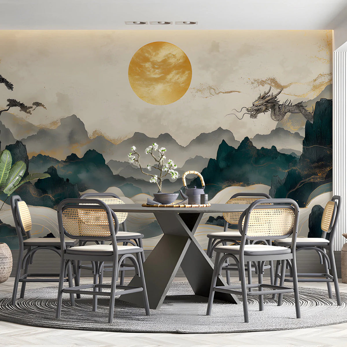 Golden Dragon Peaks Mural Wallpaper — Oriental Artistic Style Mural Wallpaper - pure wallpaper artwork