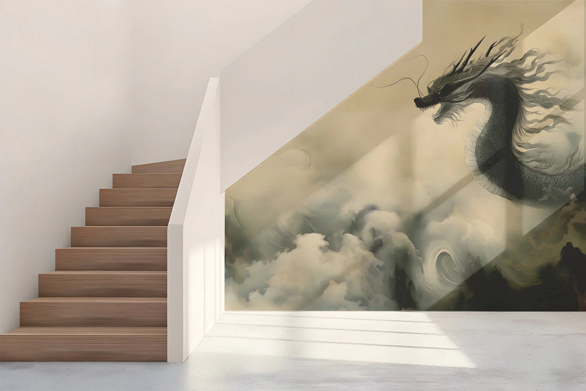Ethereal Dragon Mural Wallpaper in Muted Ink Wash Tones Mural Wallpaper - pure wallpaper artwork