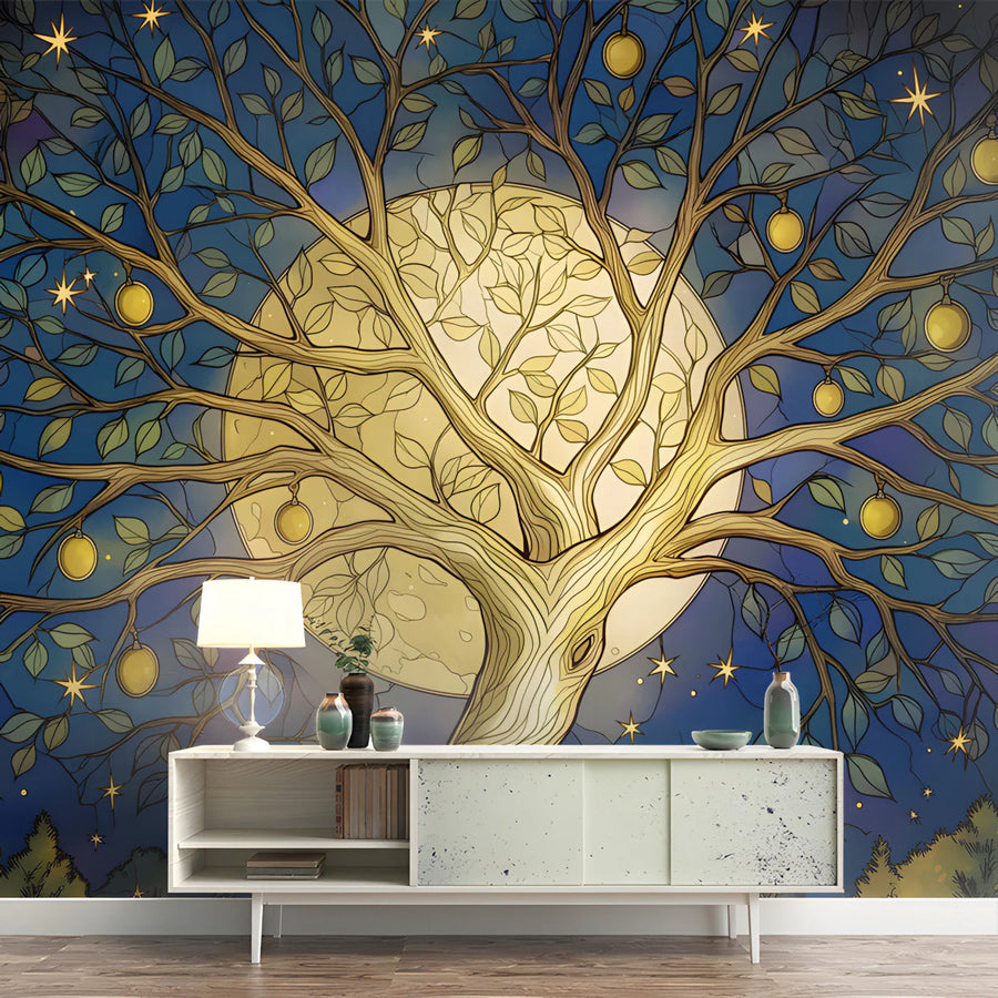 Celestial Fruit Tree Mural Wallpaper in Midnight Blue and Gold Mural Wallpaper