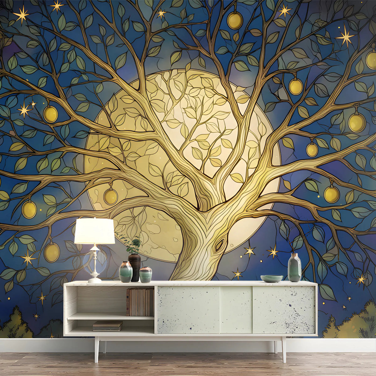 Celestial Fruit Tree Mural Wallpaper in Midnight Blue and Gold Mural Wallpaper - pure wallpaper artwork