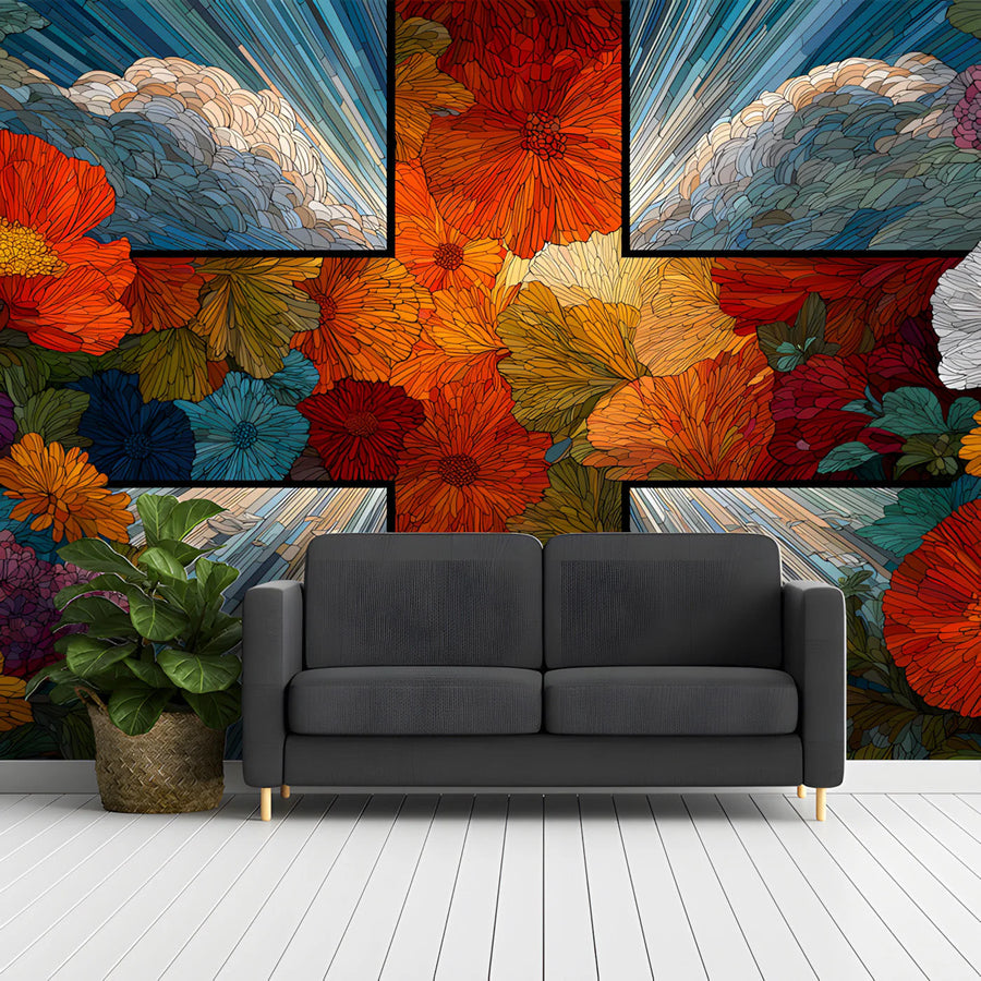 Stained Glass Floral Mural Wallpaper — Artistic Botanical Design Mural Wallpaper