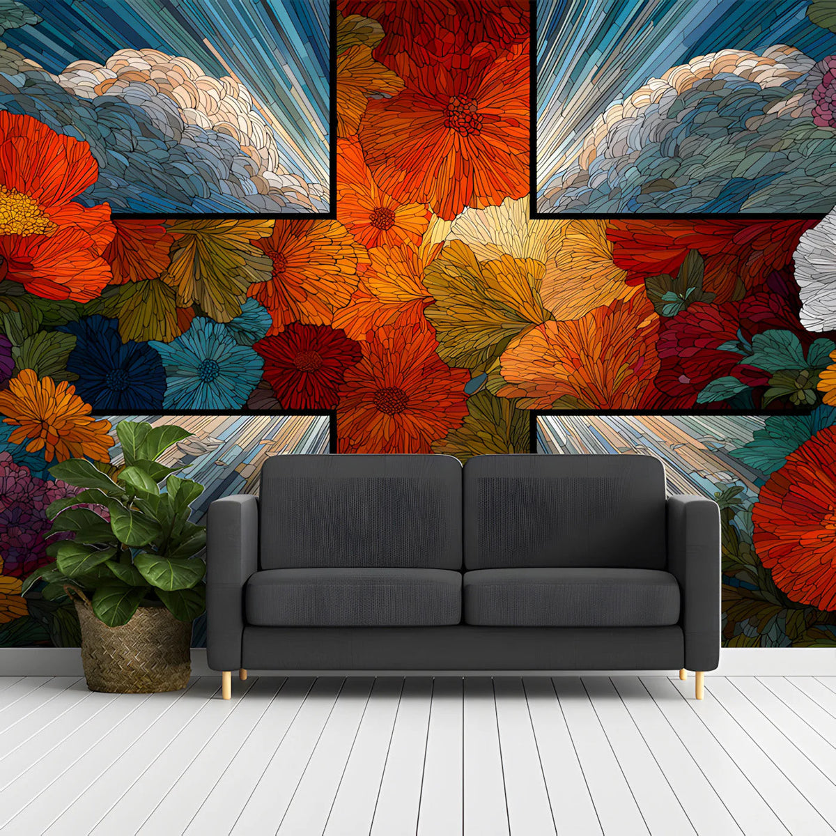 Stained Glass Floral Mural Wallpaper — Artistic Botanical Design Mural Wallpaper - pure wallpaper artwork