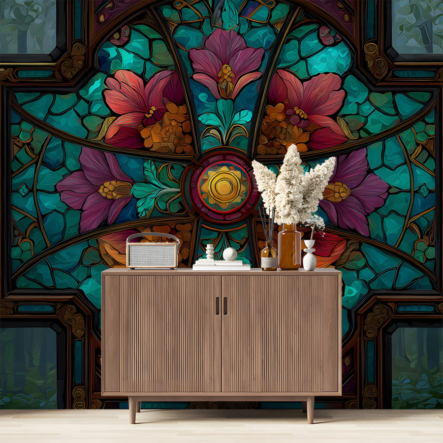 Stained Glass Cathedral Mural Wallpaper with Floral Motifs Mural Wallpaper