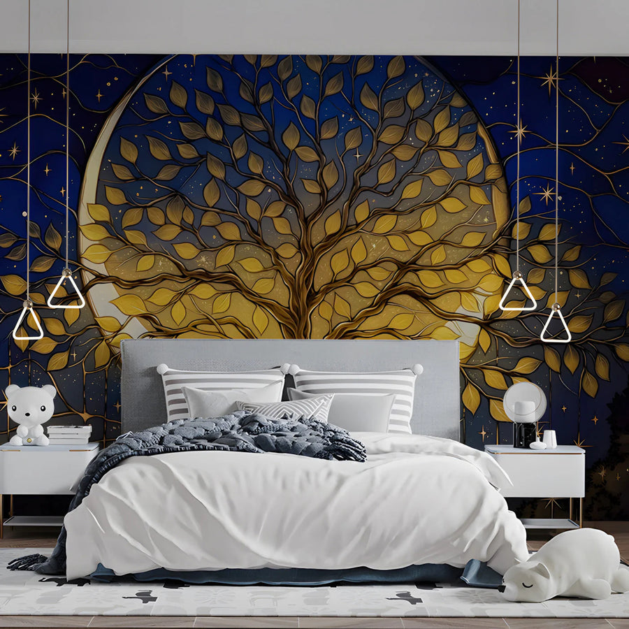 Celestial Gold Tree Mural Wallpaper with Midnight Blue Backdrop Mural Wallpaper