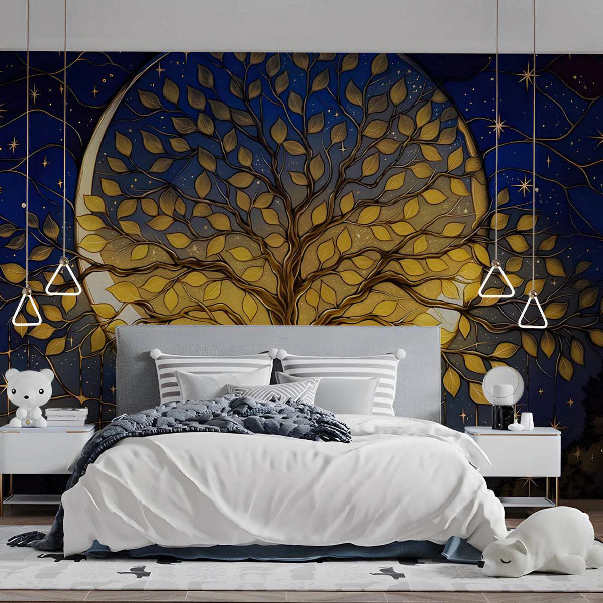 Celestial Gold Tree Mural Wallpaper with Midnight Blue Backdrop Mural Wallpaper - pure wallpaper artwork