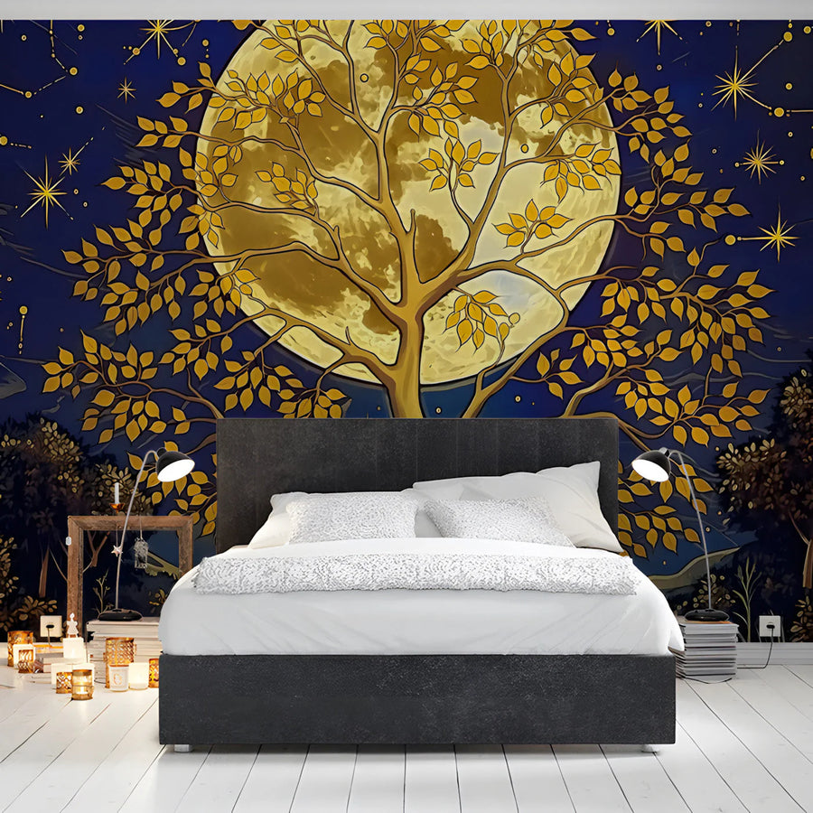 Celestial Moonlit Tree Mural Wallpaper — Gold and Navy Design Mural Wallpaper