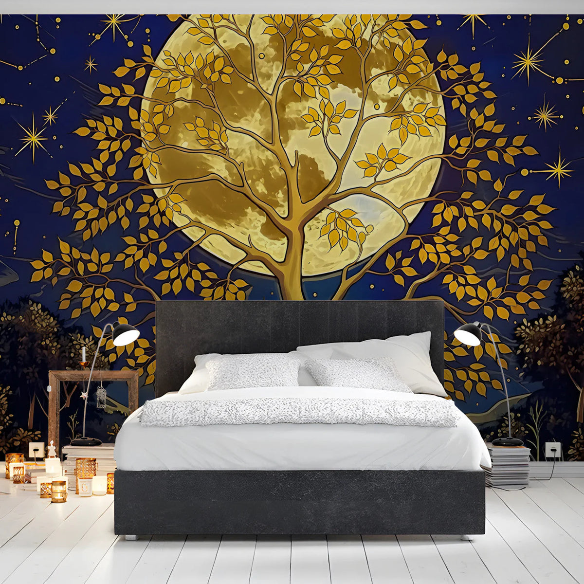 Celestial Moonlit Tree Mural Wallpaper — Gold and Navy Design Mural Wallpaper - pure wallpaper artwork