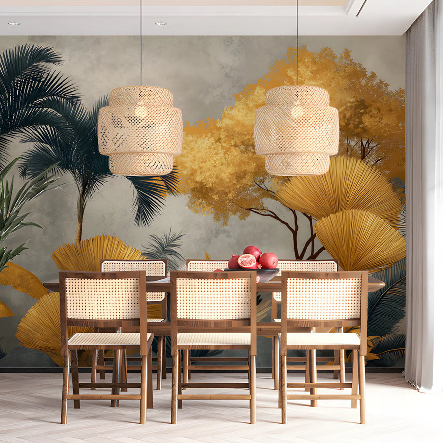 Gilded Palm Oasis Mural Wallpaper — Sophisticated Tropical Art Mural Wallpaper