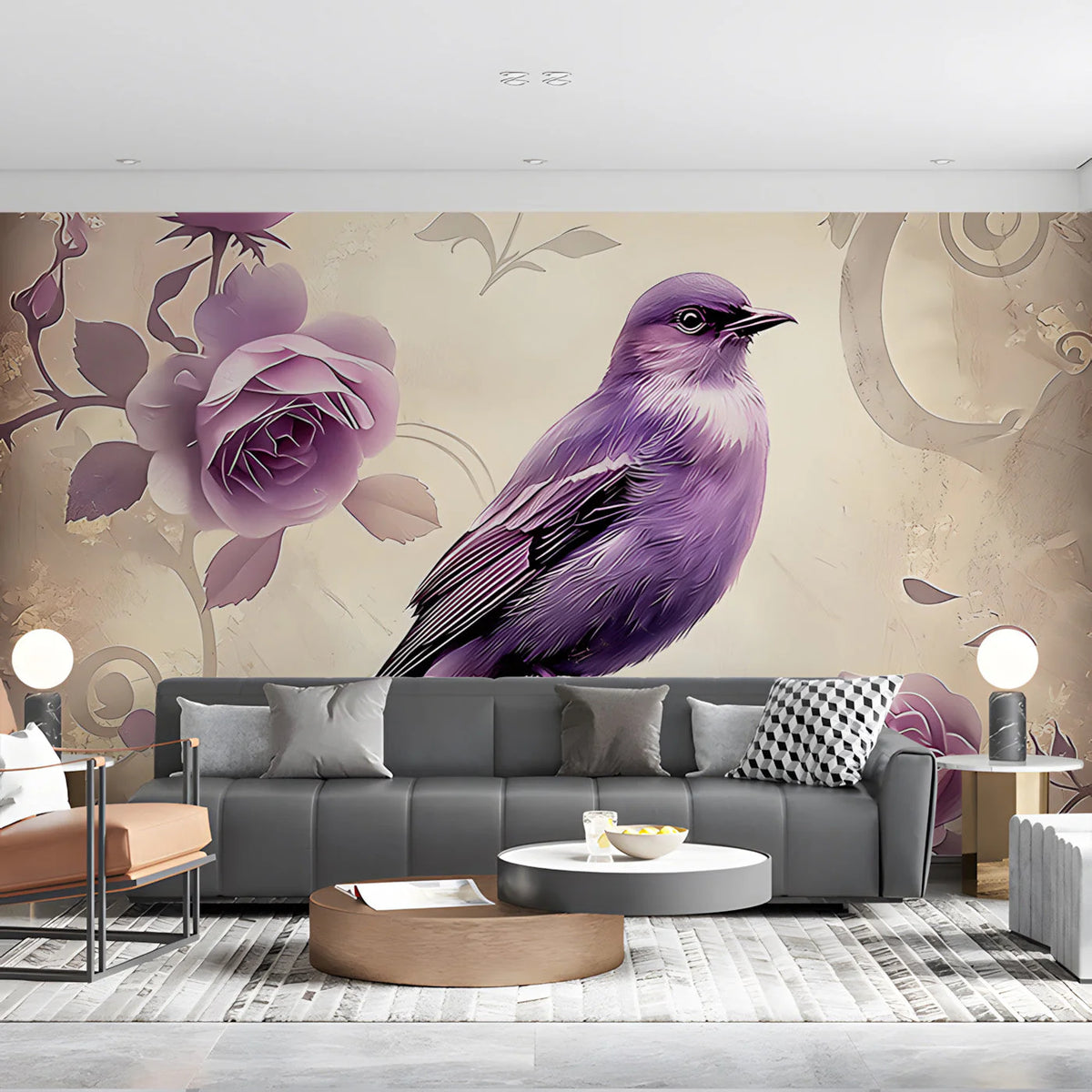 Purple Rose and Songbird Mural Wallpaper — Whimsical Floral Mural Wallpaper - pure wallpaper artwork
