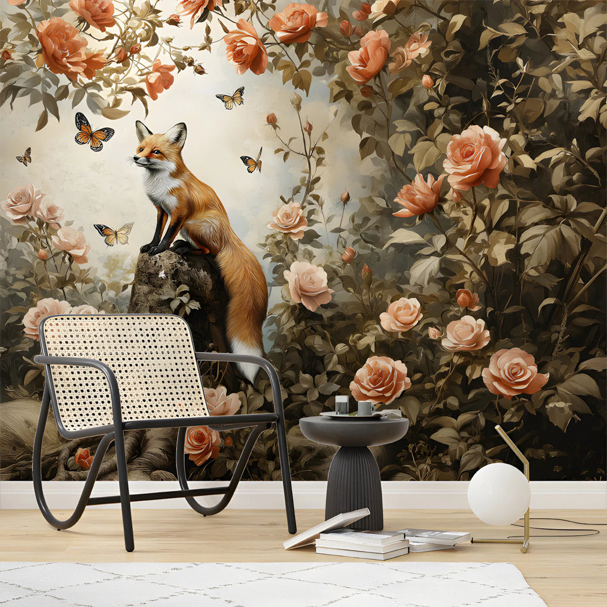 Fox and Wild Rose Garden Mural Wallpaper — Whimsical Floral Mural Wallpaper - pure wallpaper artwork