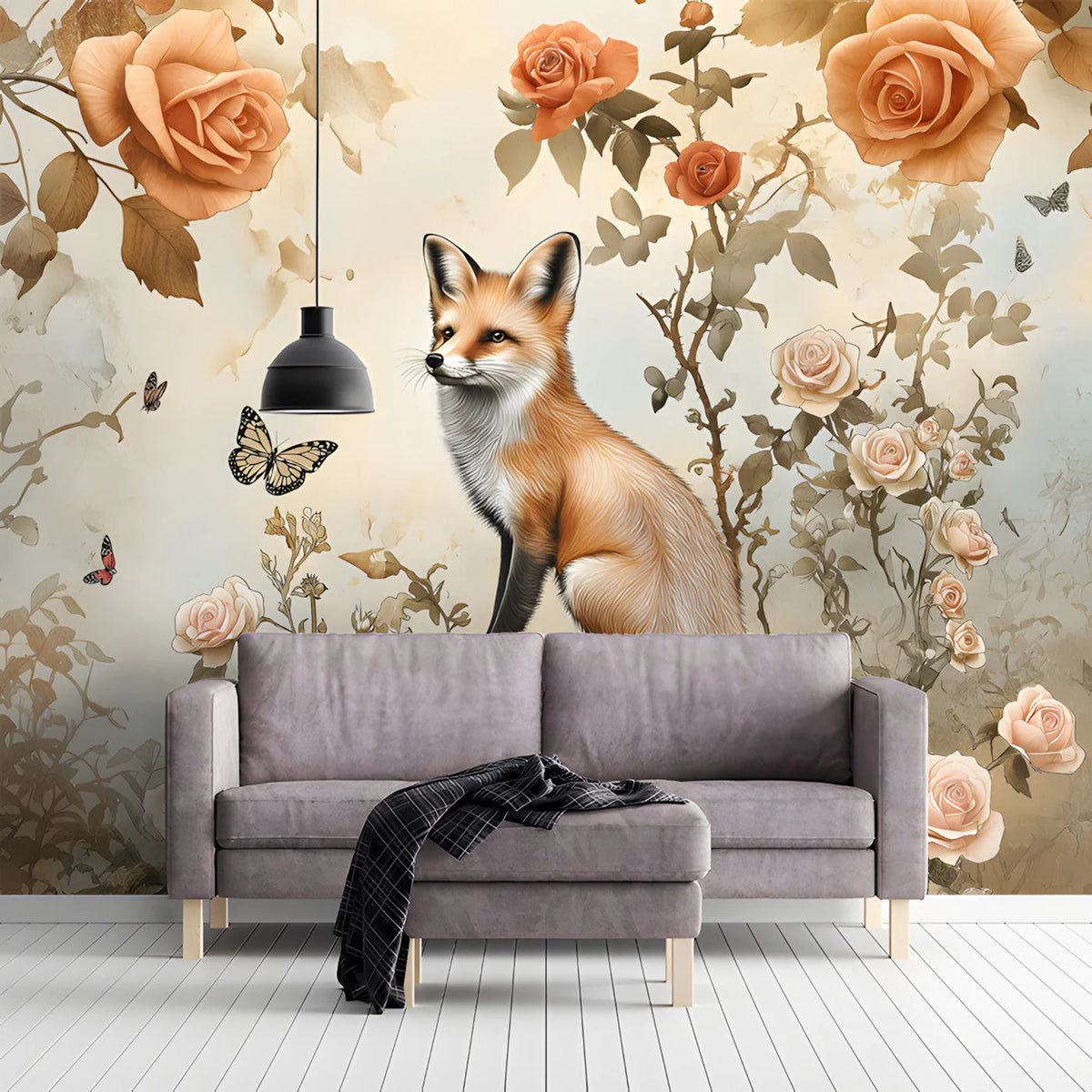 Fox and Wild Rose Garden Mural Wallpaper in Soft Amber Mural Wallpaper - pure wallpaper artwork
