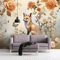 Fox and Wild Rose Garden Mural Wallpaper in Soft Amber Mural Wallpaper - pure wallpaper artwork