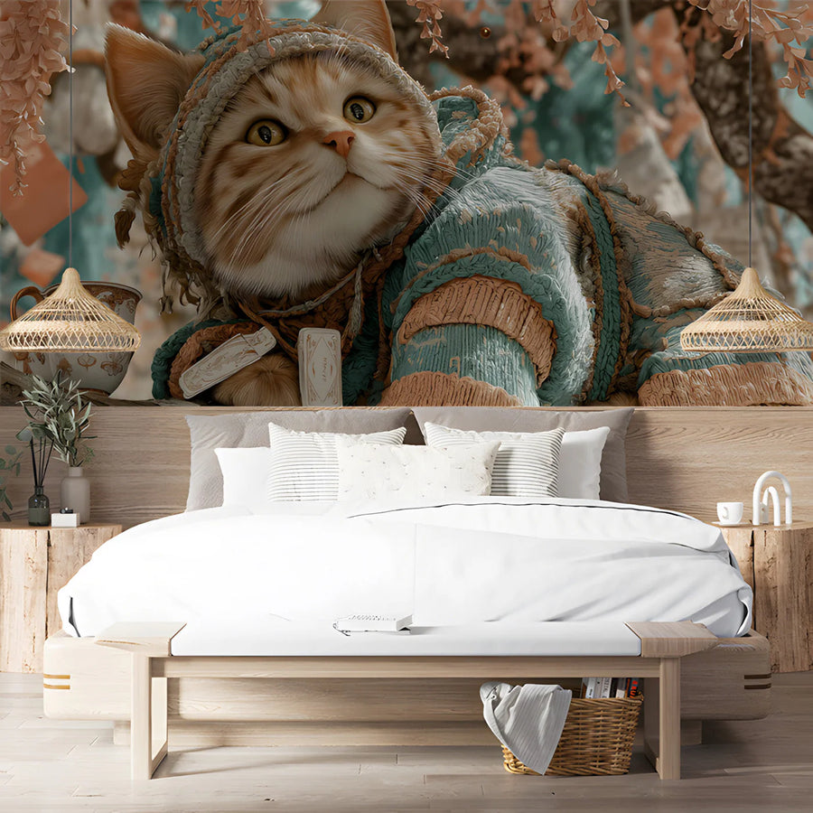 Cozy Knitted Kitten Mural Wallpaper in Soft Teal and Ginger Mural Wallpaper