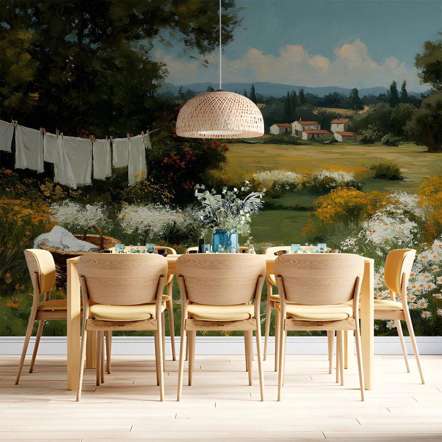 Sun-Drenched Countryside Oil Painting Mural Wallpaper