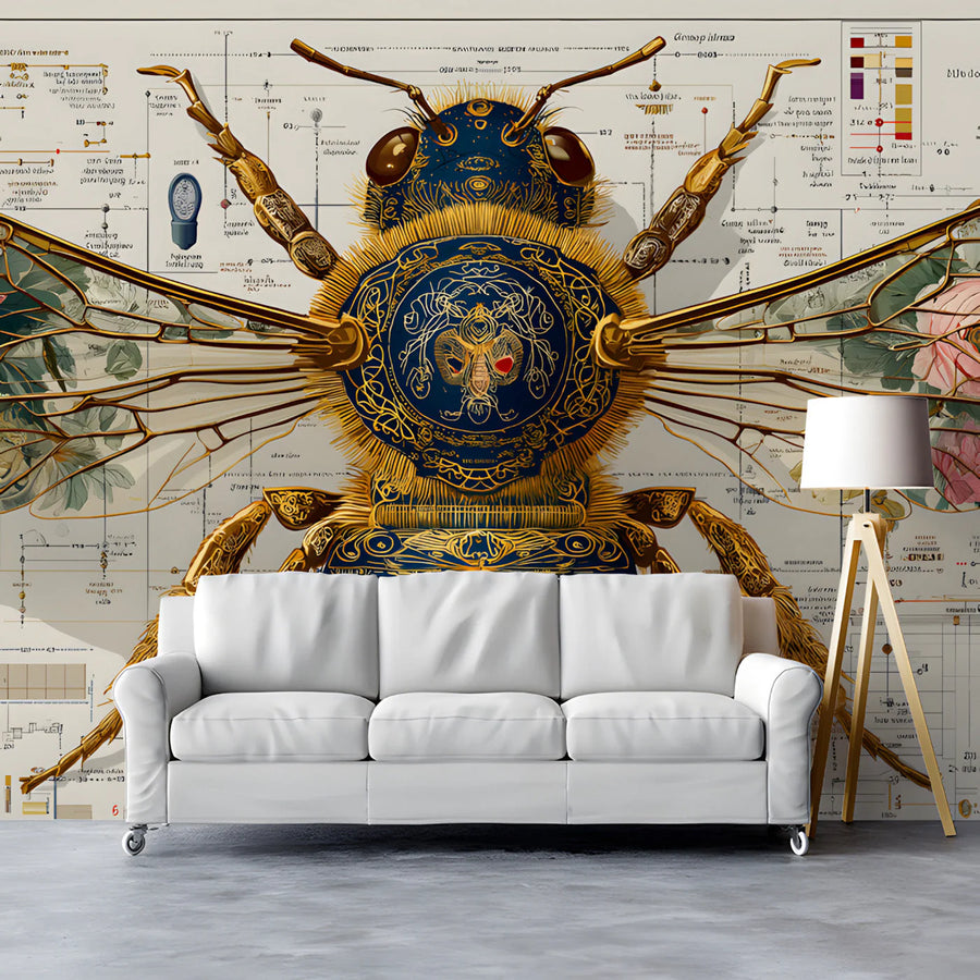 Botanical Bee Blueprint Mural Wallpaper — Vintage Scientific Study Mural Wallpaper