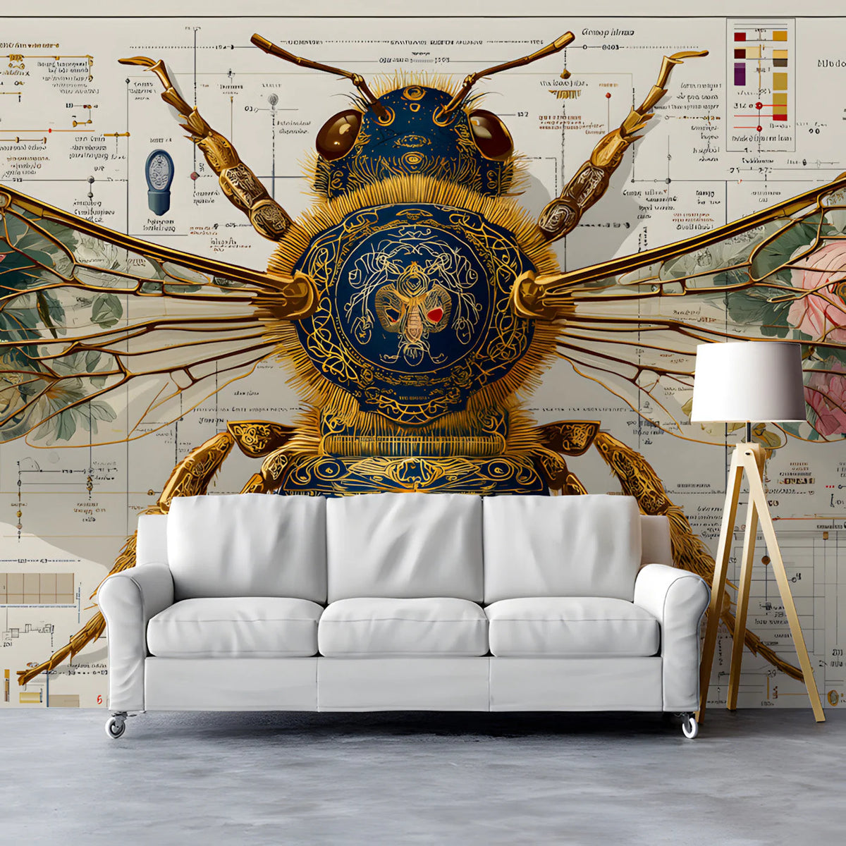 Botanical Bee Blueprint Mural Wallpaper — Vintage Scientific Study Mural Wallpaper - pure wallpaper artwork