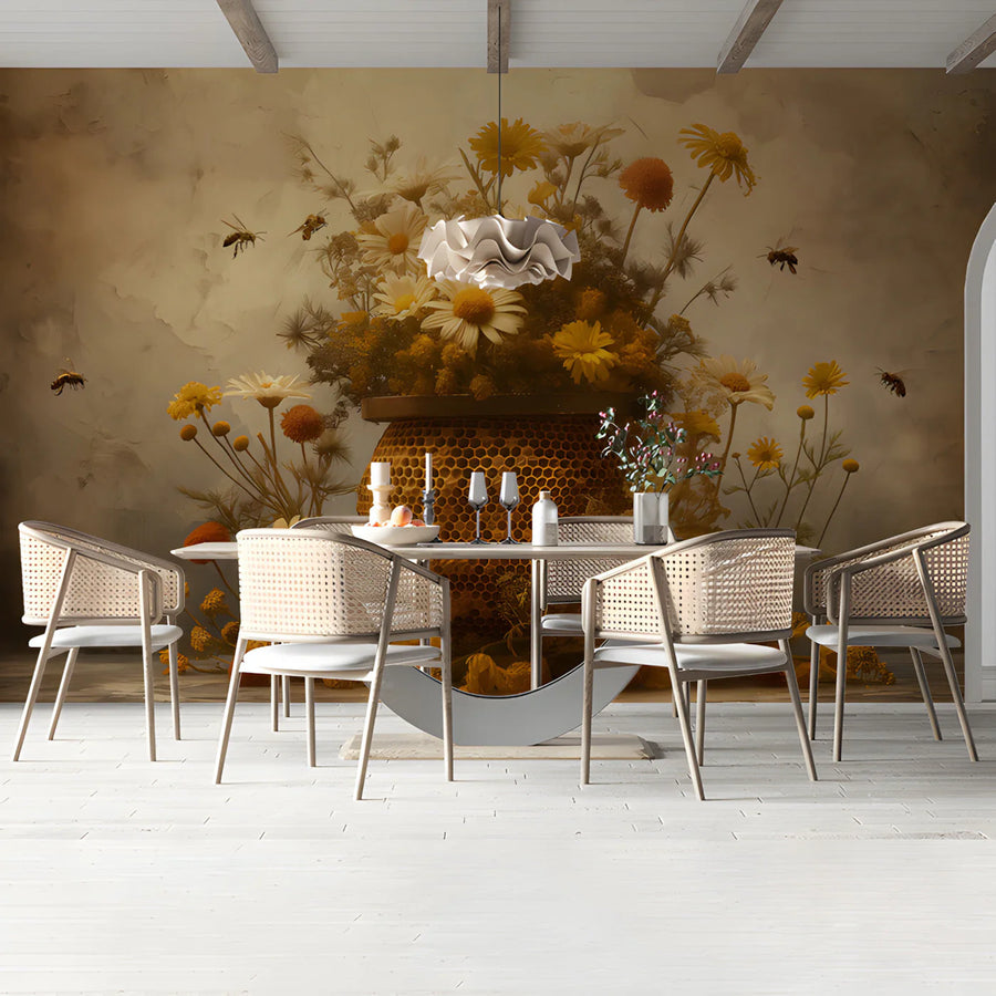 Honeybee Floral Mural Wallpaper with Ochre and Sepia Tones Mural Wallpaper