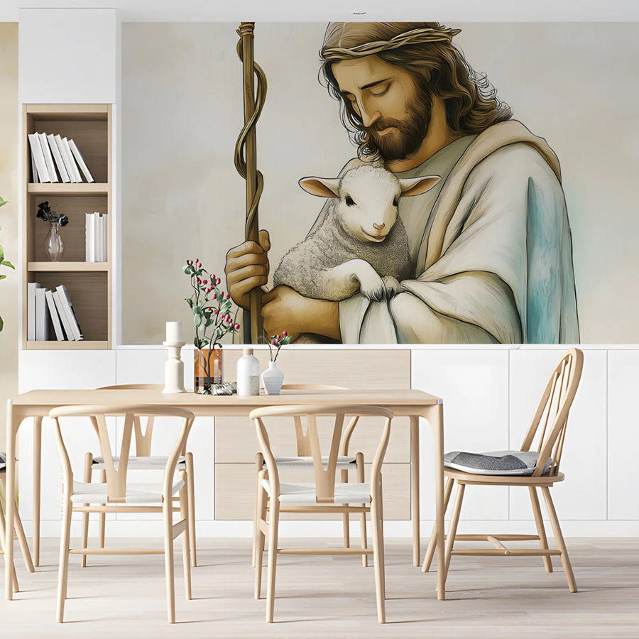 The Good Shepherd Mural Wallpaper — Artistic Religious Wall Decor Mural Wallpaper