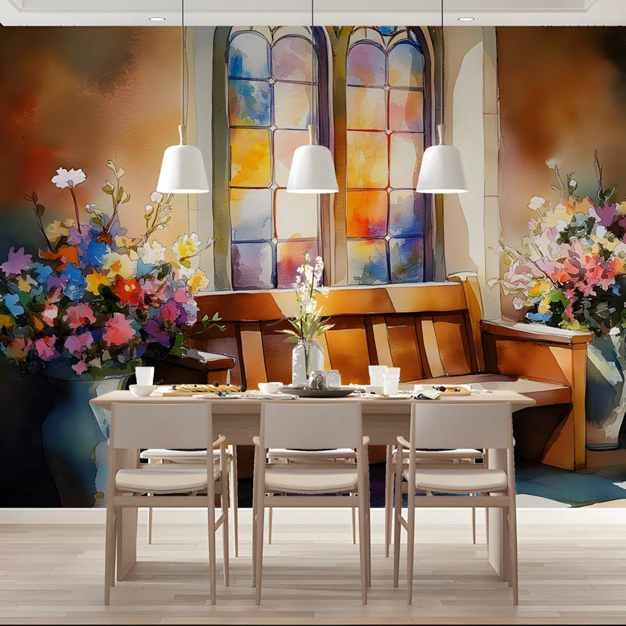 Stained Glass Floral Watercolor Mural Wallpaper